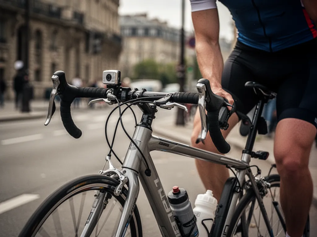 Une cycliste sur route en plein effort, mains en bas du guidon, sur une route vallonnée