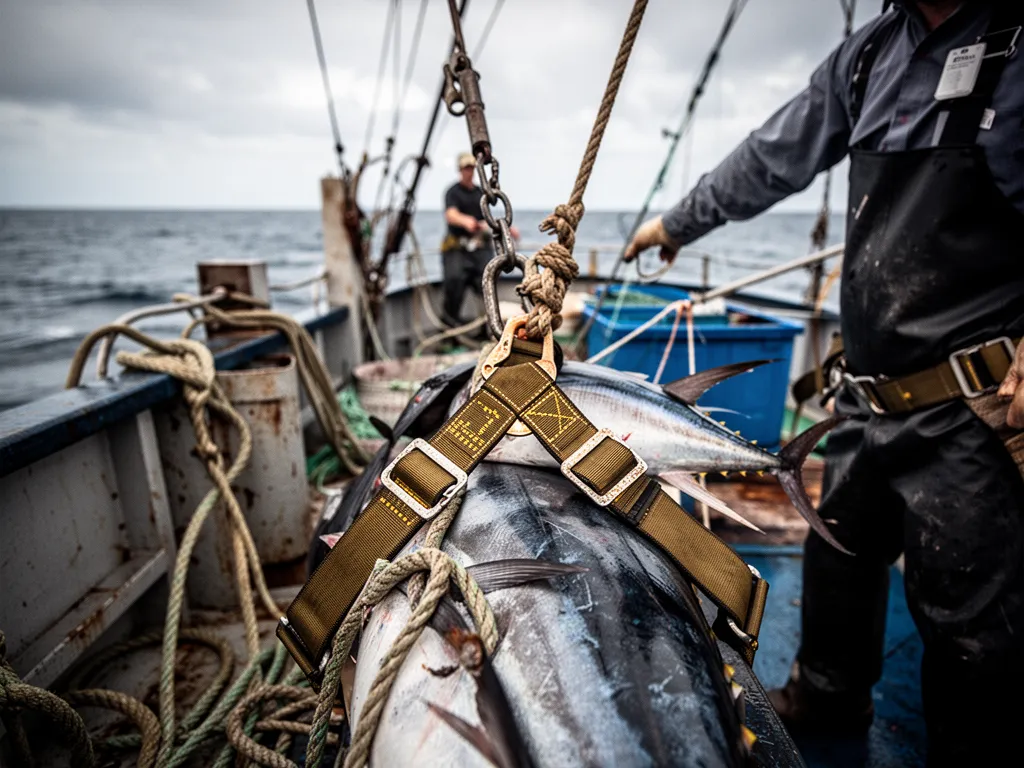 Un baudrier de pêche au thon fixé à une canne spinning, posé sur le plat‑bord d’un bateau de pêche, mer calme en arrière‑plan.