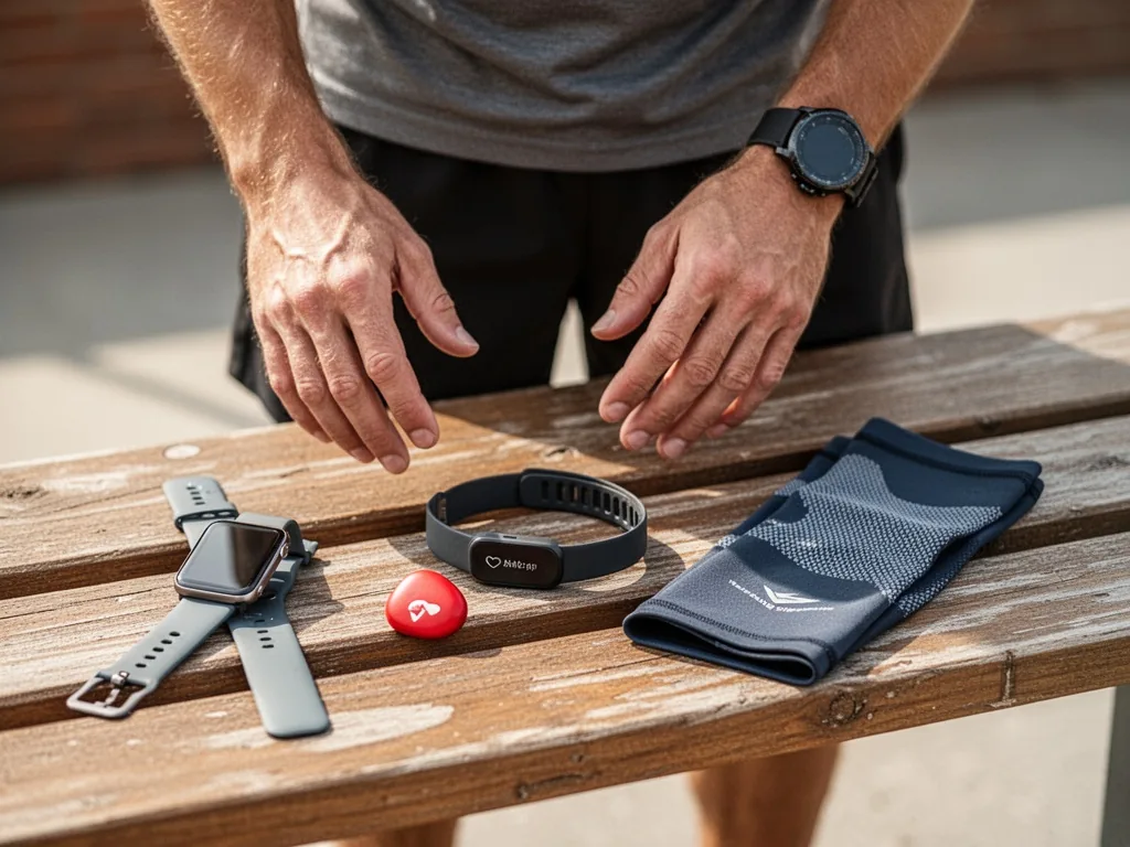 A man's hands hovering over a selection of sports equipment on a wooden bench, including a smartwatch, heart rate monito