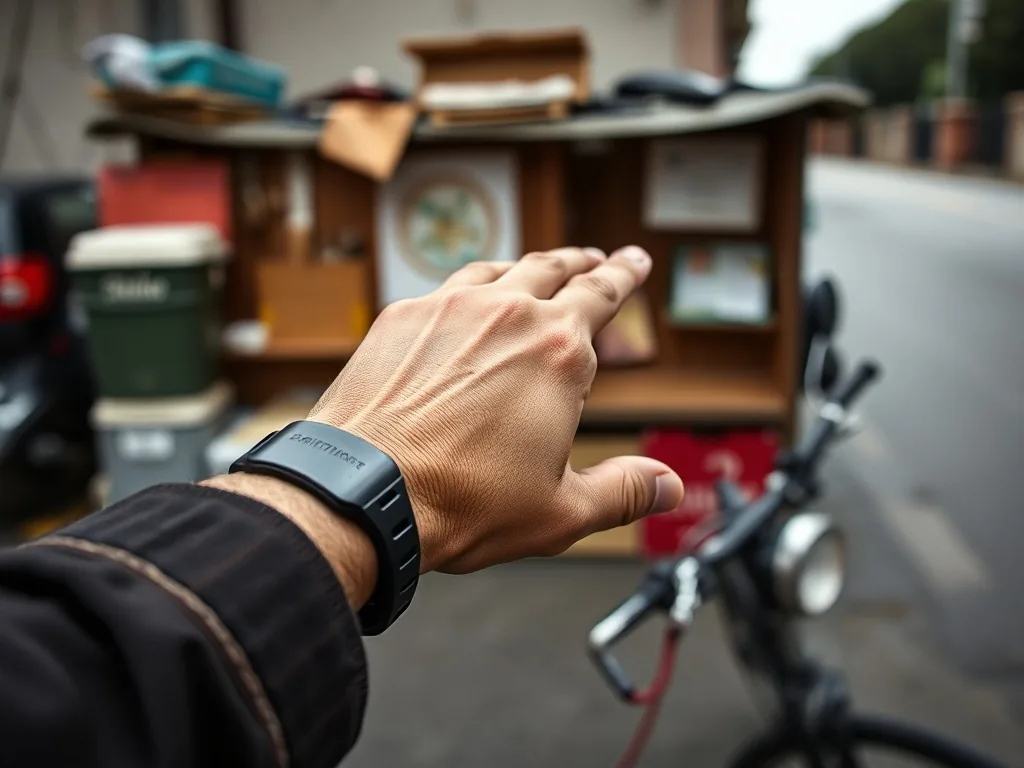 Un hand grip à ressort tenu dans une main, les doigts serrés sur les poignées, posé sur une table en bois, avec un carnet