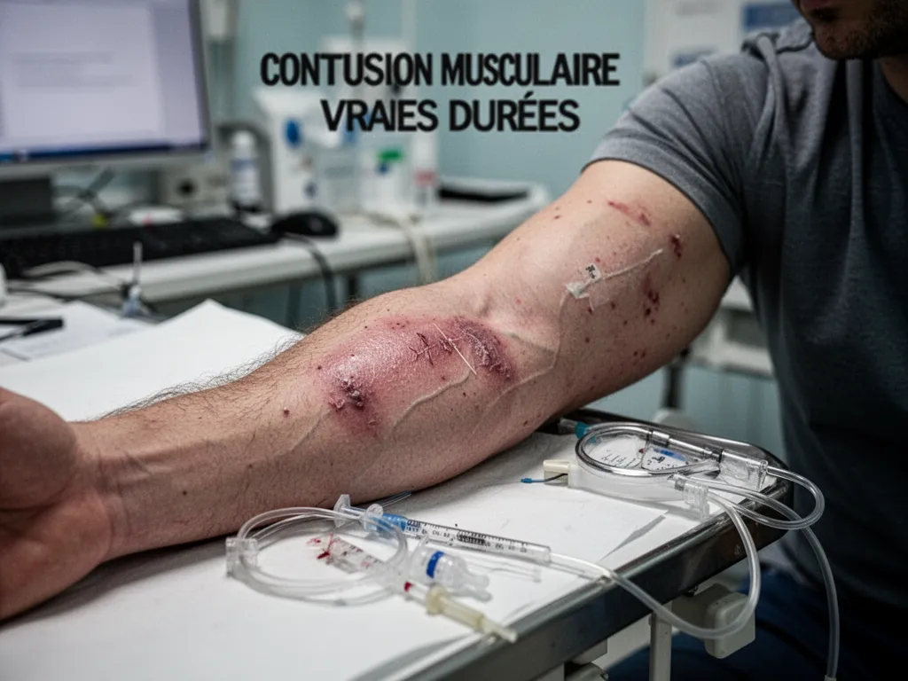 Gros plan sur un hématome consécutif à un choc direct sur le quadriceps d’un sportif, avec une poche de glace posée sur la peau.