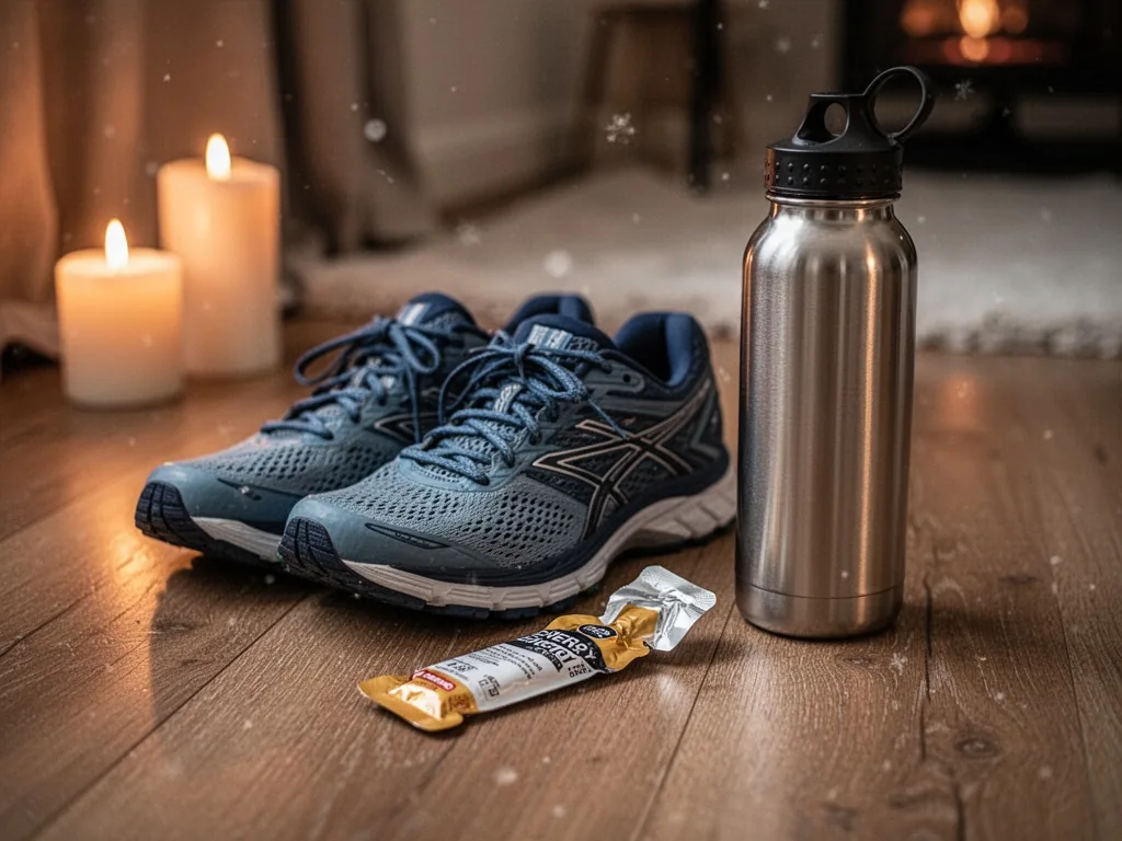 A pair of running shoes beside an opened energy gel packet and a stainless steel water bottle on a wooden floor, warm ca