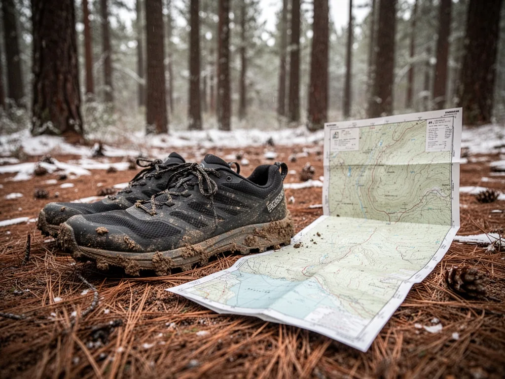 A trail running shoe with mud on its sole placed on a pine forest floor, next to a folded topo map, soft overcast daylig