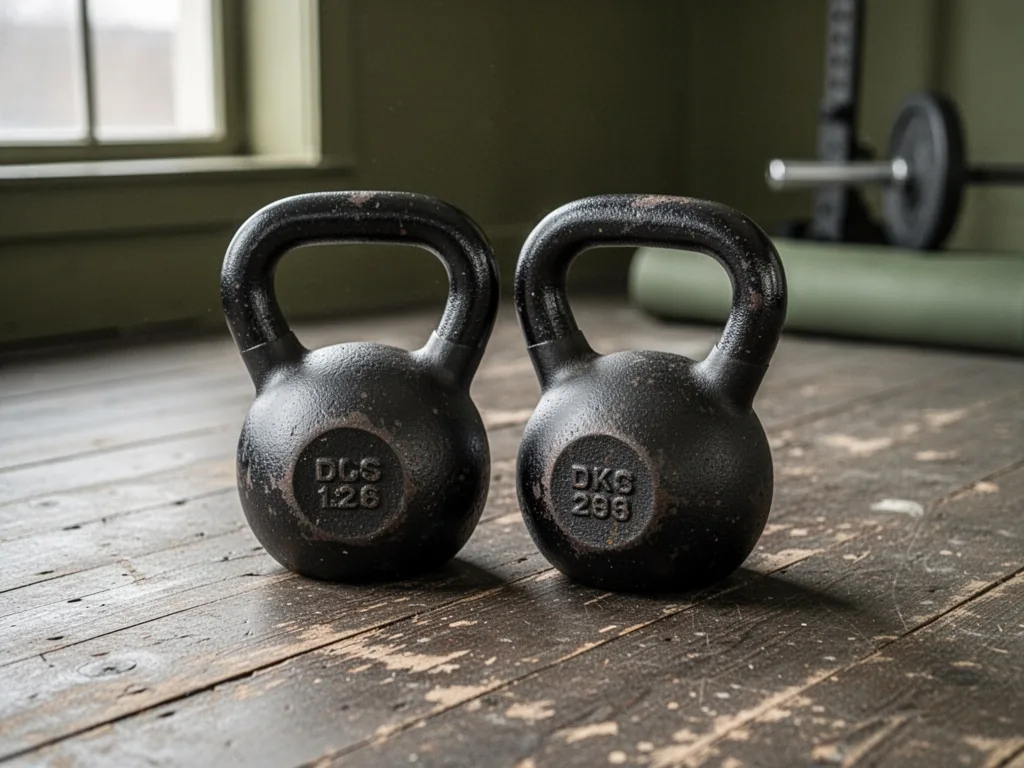 A pair of cast iron kettlebells resting on worn wooden gym floor, soft window light, muted olive and gray tones