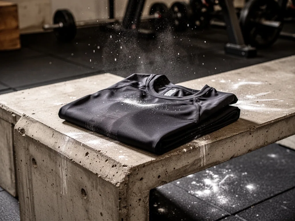 A folded black compression top on a concrete bench, slight fabric sheen, dim gym background with chalk dust particles