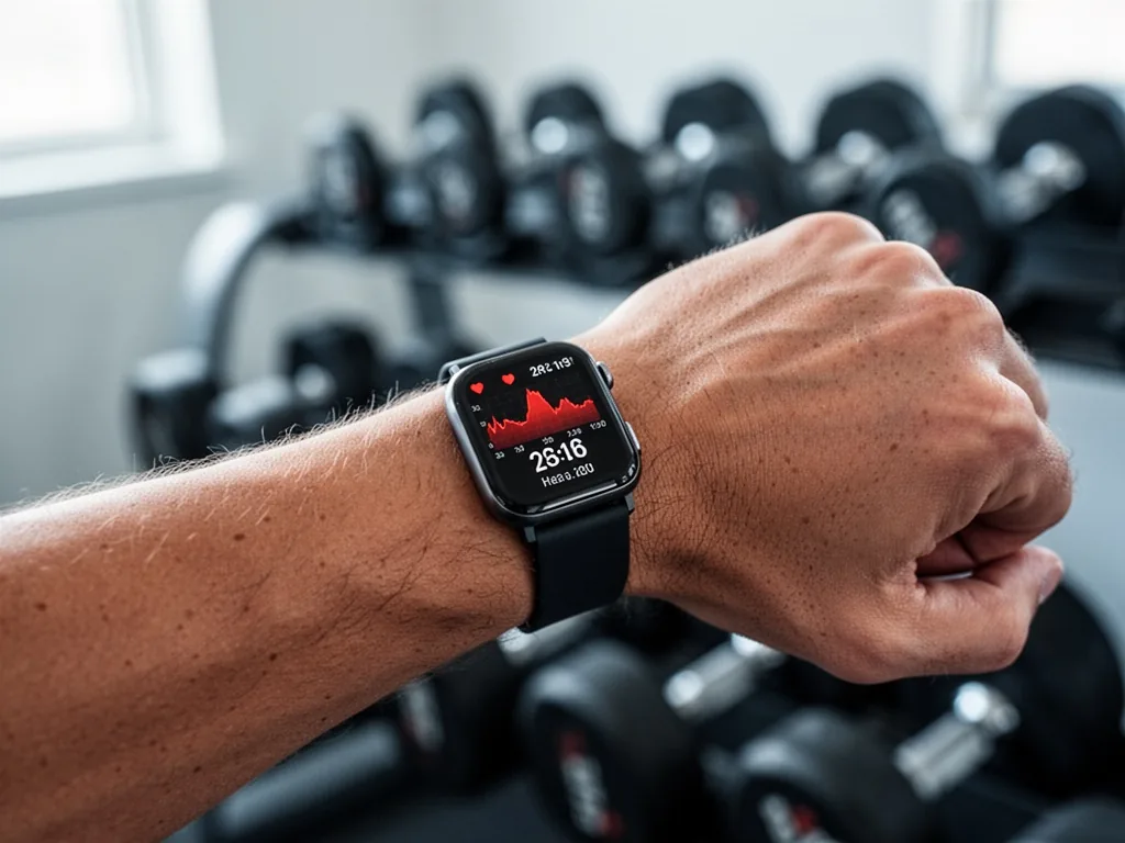 A fitness smartwatch on a wrist mid-workout, screen showing heart rate, blurred dumbbell rack in cool white light