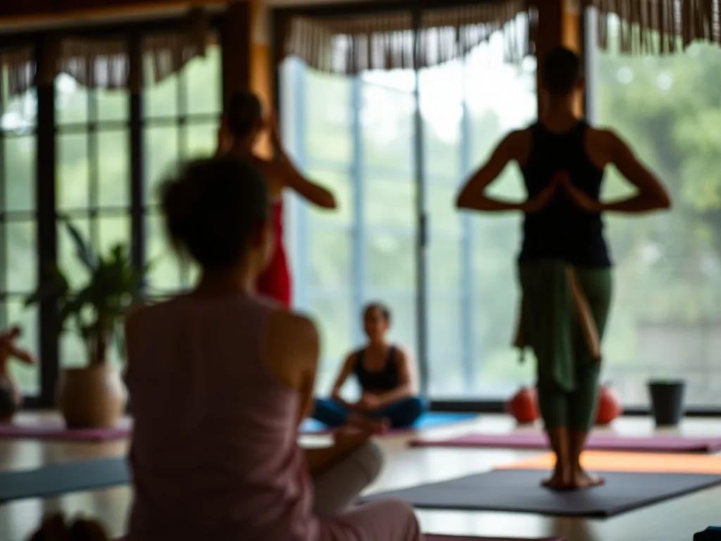 Salle de yoga Iyengar à Paris avec des élèves en Tadasana, briques et sangles au sol, un professeur ajuste l'alignement d'un