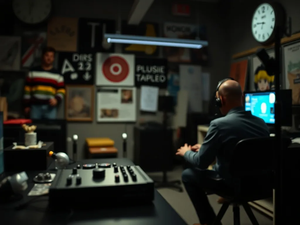 Un casque audio posé sur un clavier de synthétiseur rétro, avec des notes de musique lumineuses s'élevant vers un écran de