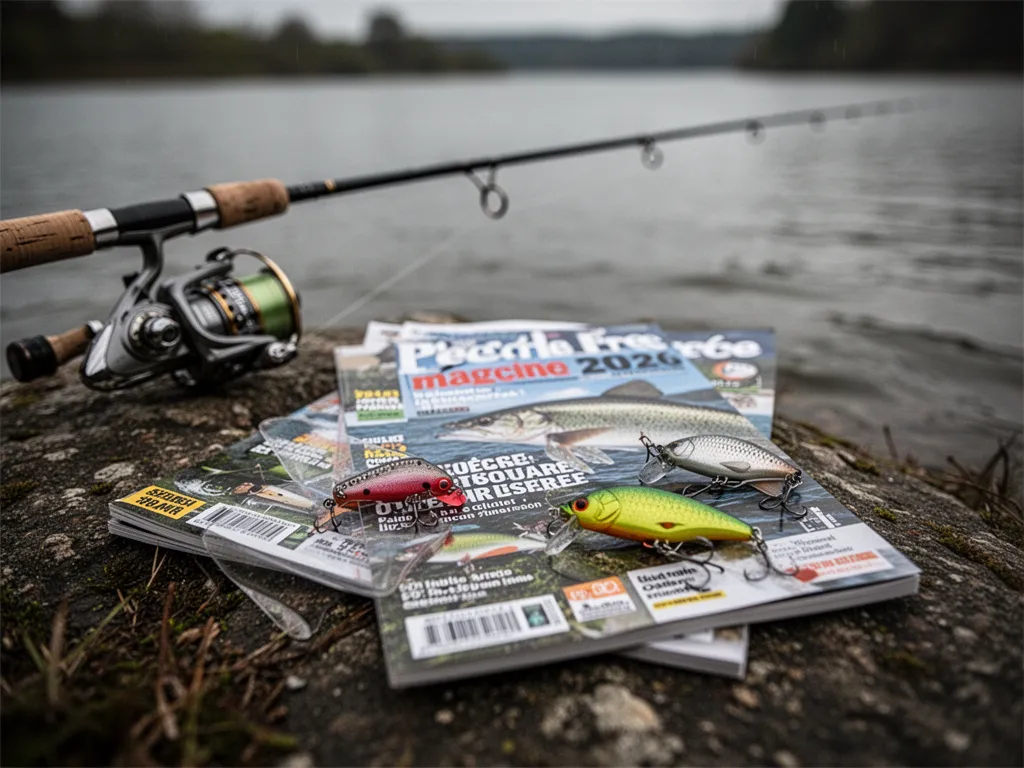 Un pêcheur assis au bord d'un lac consulte une tablette affichant un magazine de pêche numérique.