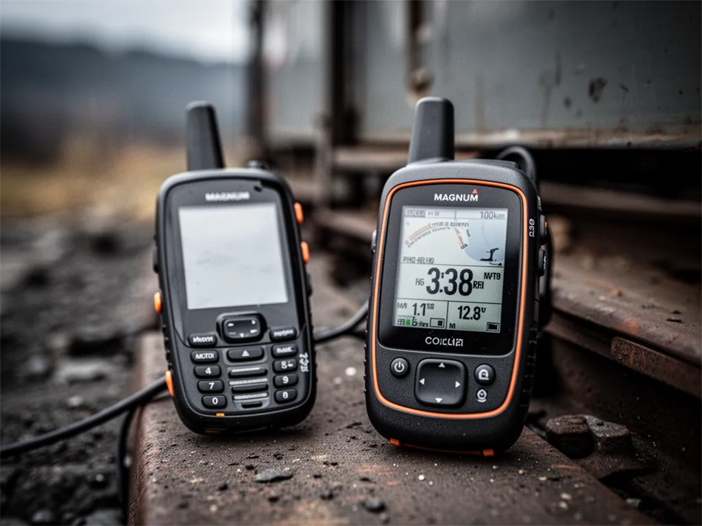 Un collier GPS Garmin fixé à un chien de chasse, avec un écran d’appareil portable affichant une position GPS instable, en