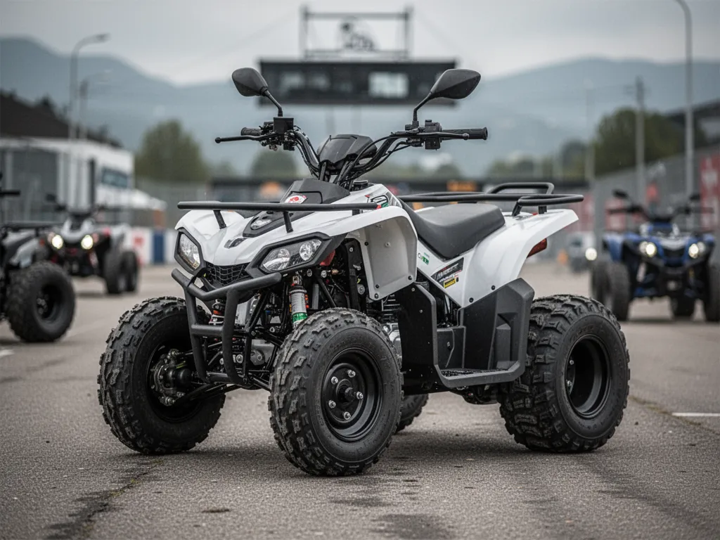 Un quad électrique adulte tout-terrain sur un chemin forestier, casque posé sur le guidon, sous une lumière de fin
