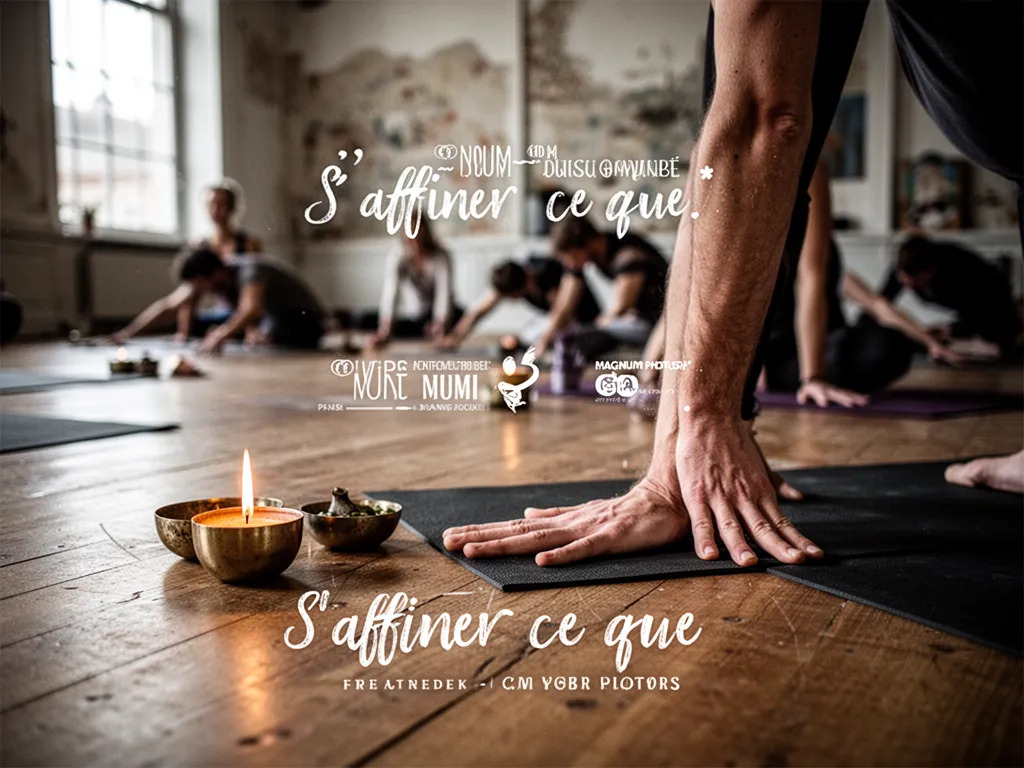 Femme en posture de yoga guerrier II sur un tapis, dans une salle lumineuse, le regard focalisé, tenue de sport ajustée